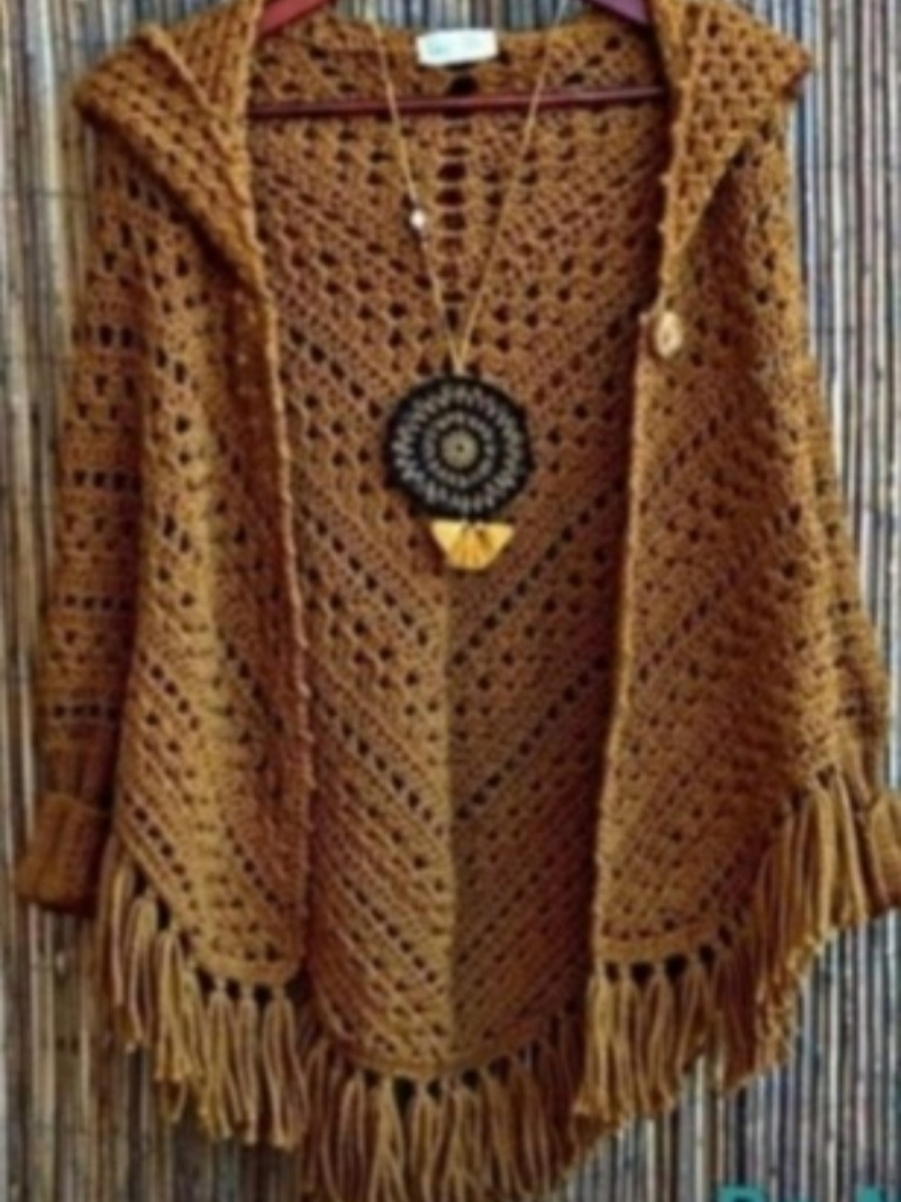 Open-Knit Fringe Hooded Poncho Sweater - Mustard